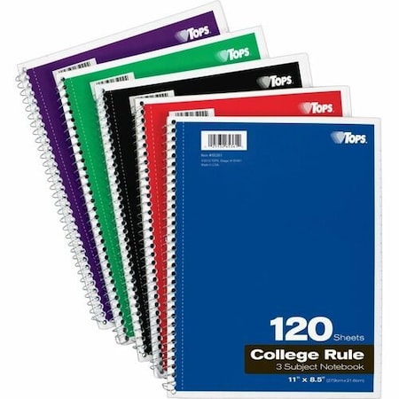 Tops 3-Subject Notebooks, Collg Ruled, 11inx8-1/2in, 120 Shts, Ast TOP65361